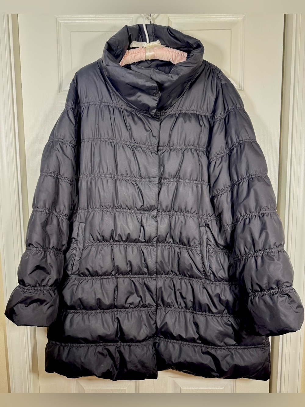 Eileen Fisher High Collar Ruched Down Puffer Coat Black L